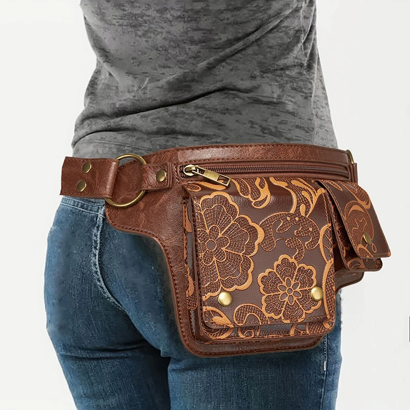 NamcheBarwa Medieval Retro Punk Pu Leather Waist Bag Embossed Floral Multi-Pocket Belt Fanny Pack Unisex Vintage Biker Hip Bag
