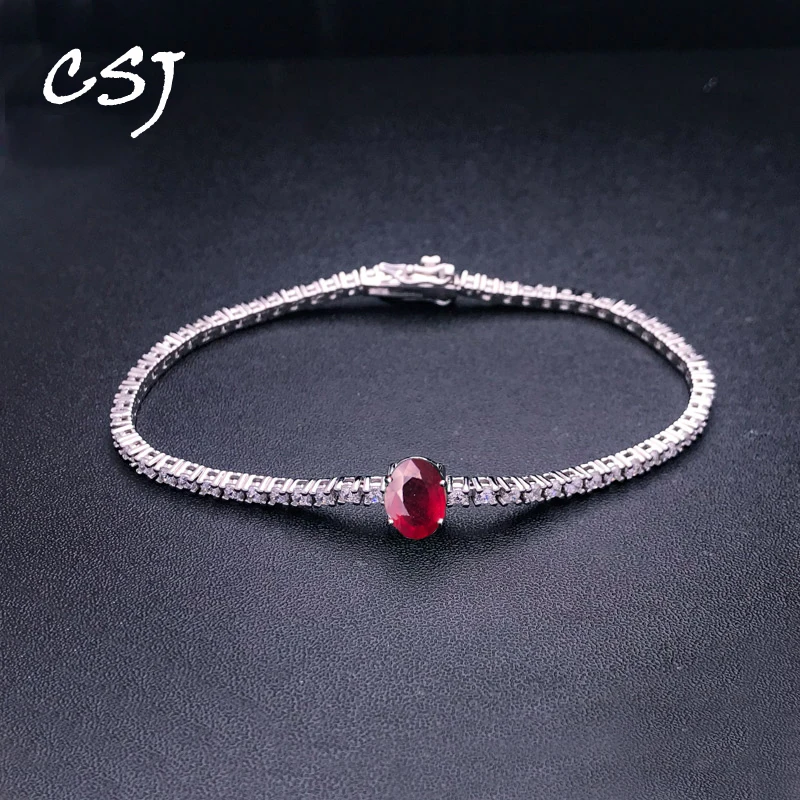 CSJ Real 1 Carat Natural Treatment Ruby Tennis Bracelet 925 Sterling Silver Setting Pave Sparkly CZ Bangle for Women Party Gift