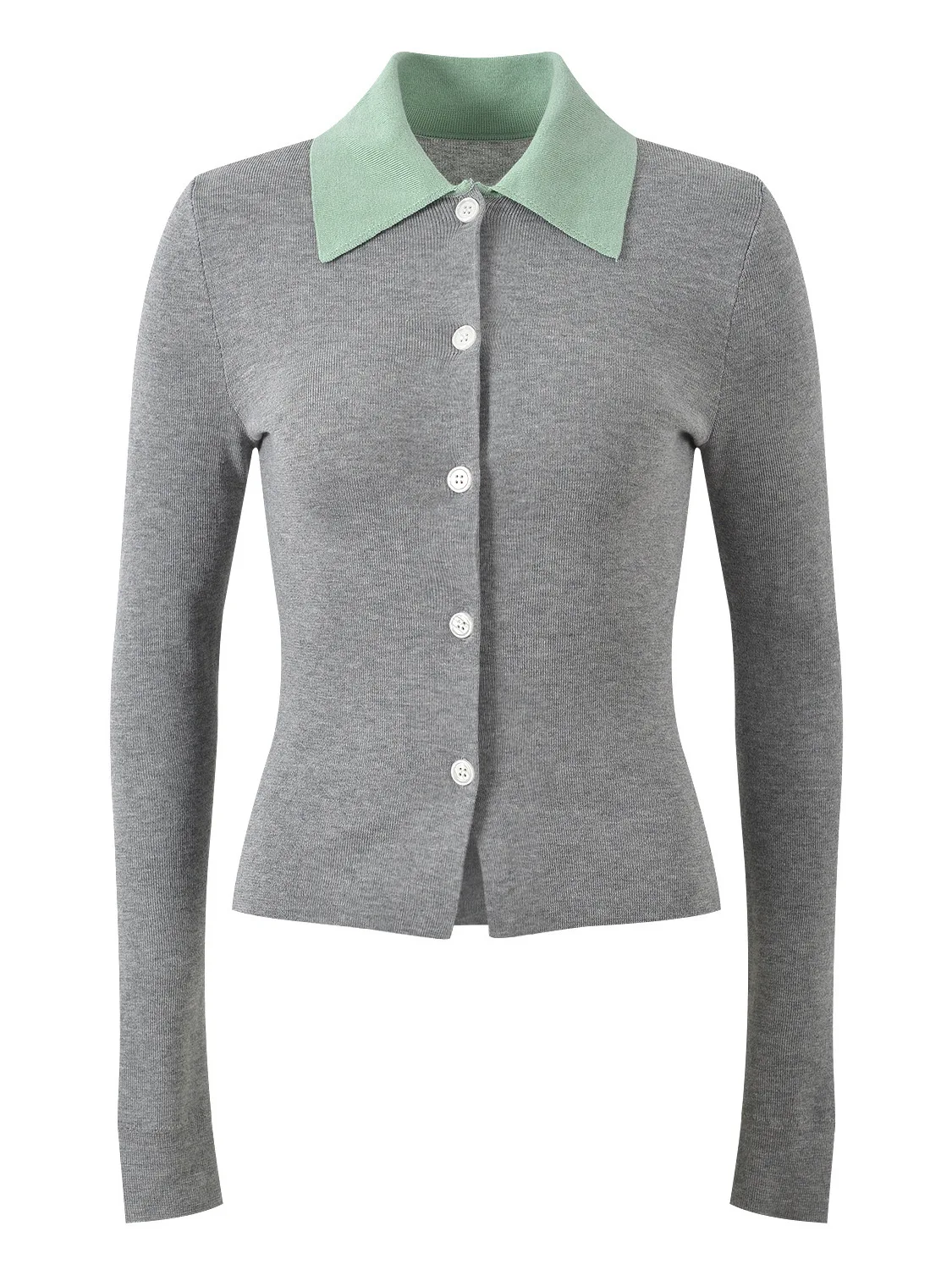 

Новинка ранней осени 2025: Модный универсальный легкий вязаный кардиган с отложным воротником, приталенный, с цветовыми блоками, светло-серый