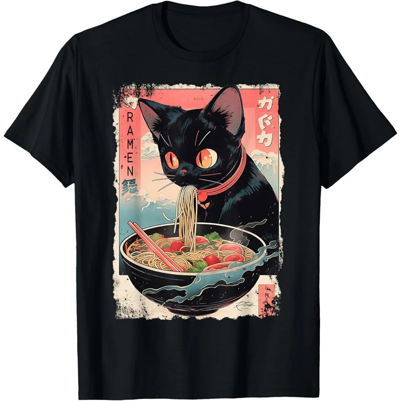 Cute Cat Pattern T Shirt For Women Delicious Noodles 3D Printed Short Sleeves Summer Leisure Tees O-Neck Loose Tops T-Shirts