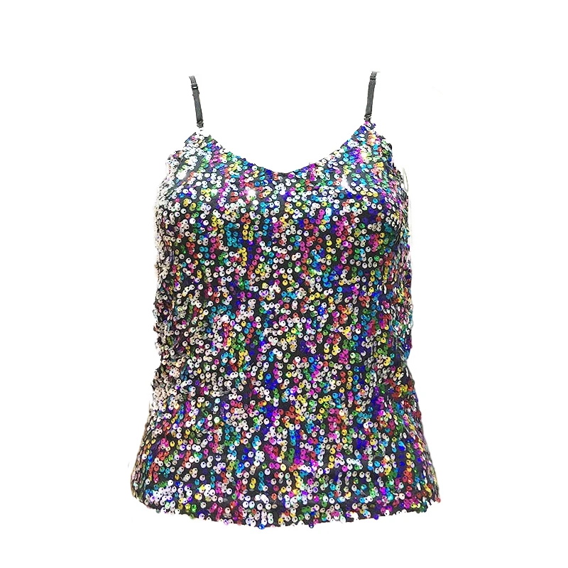 Adult Performance Sequined Spaghetti Camisole Tank Tops Glitter Sleeveless Dancing T-shirt Girls Strap Vest Bling Raves Festival