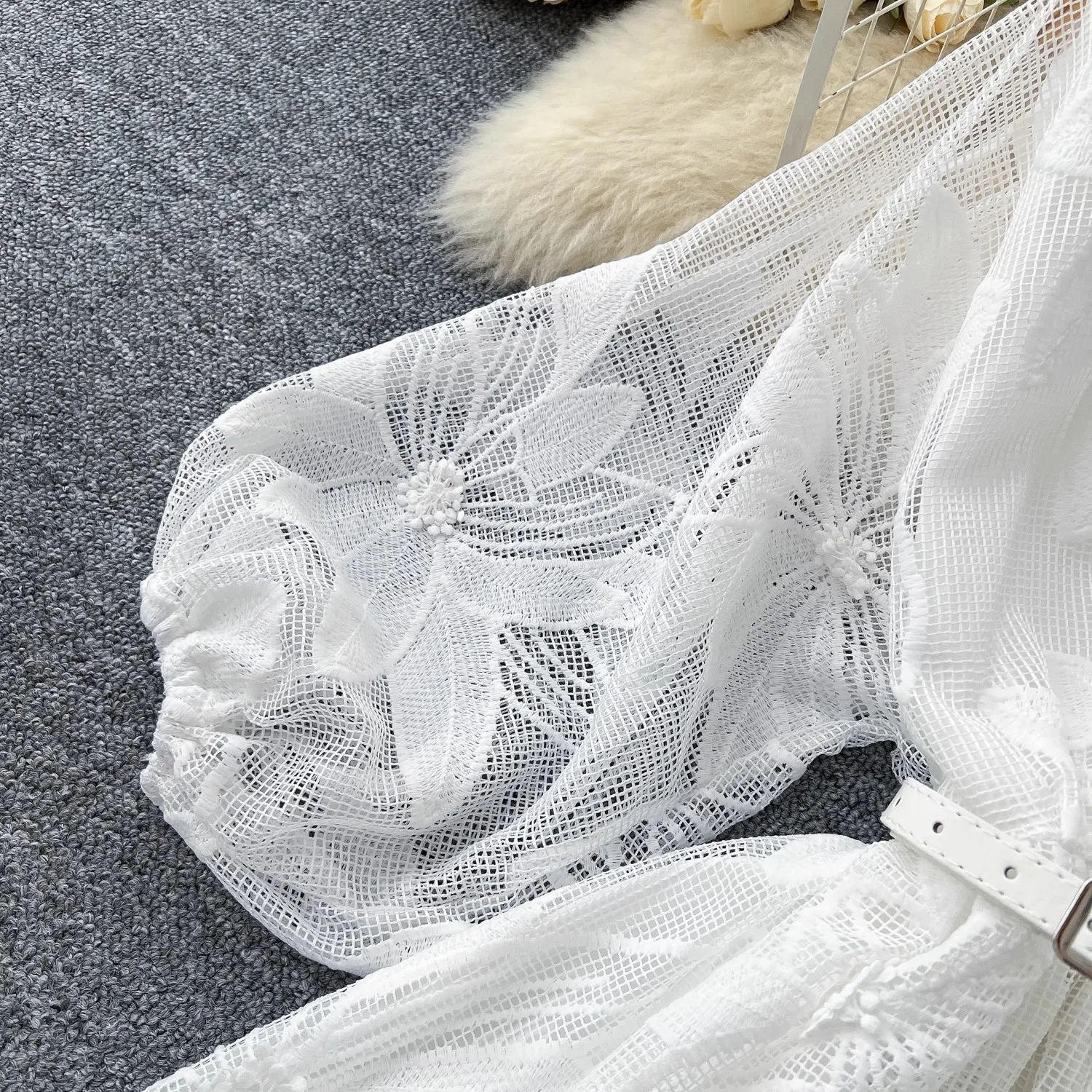 Summer French Sweet V-neck Dress Women's Lantern Sleeves Embroidered Waist Single Breasted A-line Mini Elegant Party Dress