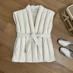 Winter Cotton Padded Puffer Vest Women knitted Sleeveless Belt Down Vest Female Winter Warm Waistcoats Ladies Stand Collar Coat