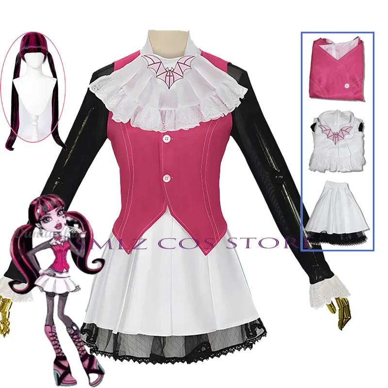 Disfraz de Anime Monster Fantasy High Draculaura, disfraz de Spectra Vondergeist, chaleco, faldas, conjunto de pelucas, trajes de fiesta para mujer