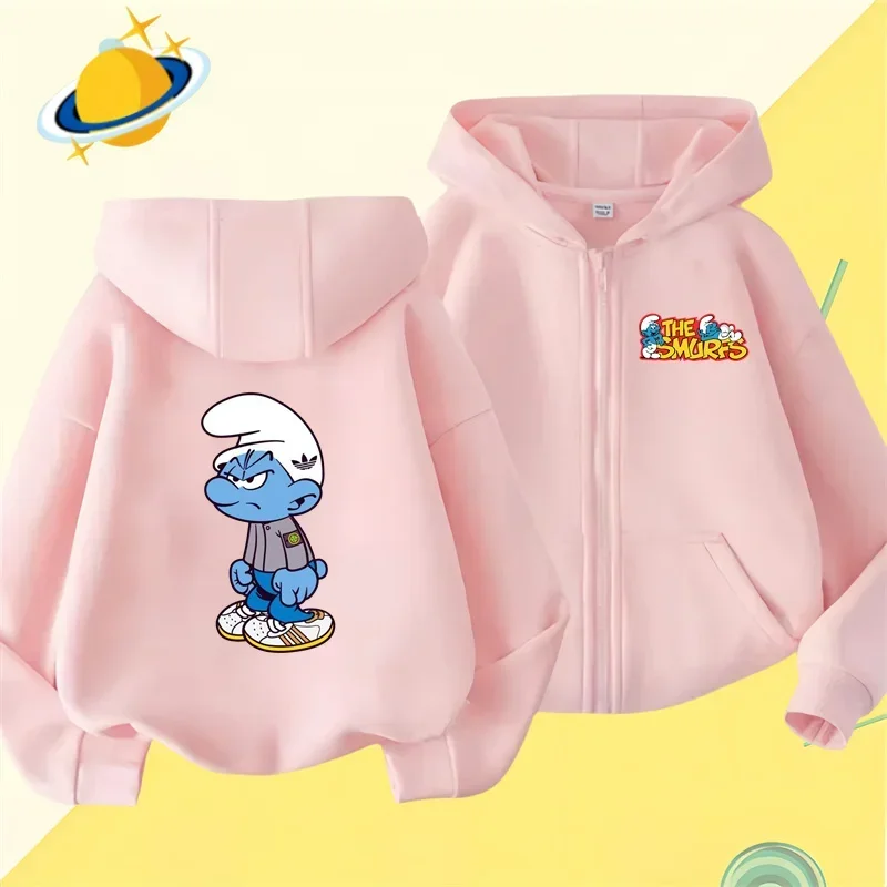 Anime Smurfs new pin zipper hoodie Boys girls sweatshirt autumn and winter long-sleeved Harajuku jumper casual hoodie top