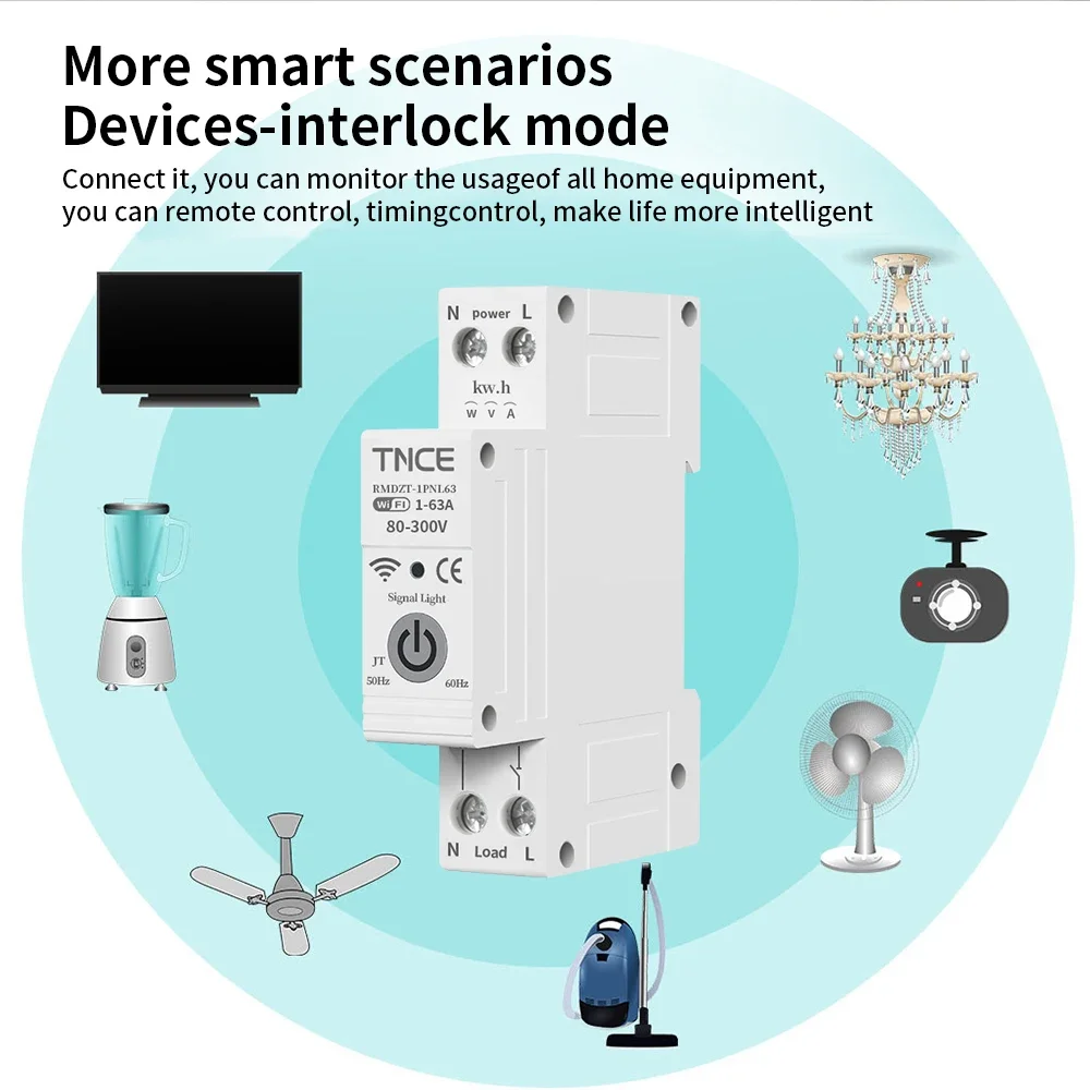 Imagem -05 - Disjuntor Tnce Tuya 1p Mais n Wifi Ajuste 163a Mcb Interruptor de Energia de Energia Inteligente Kwh Protetor de Medidor de Sobretensão e Sobrecorrente