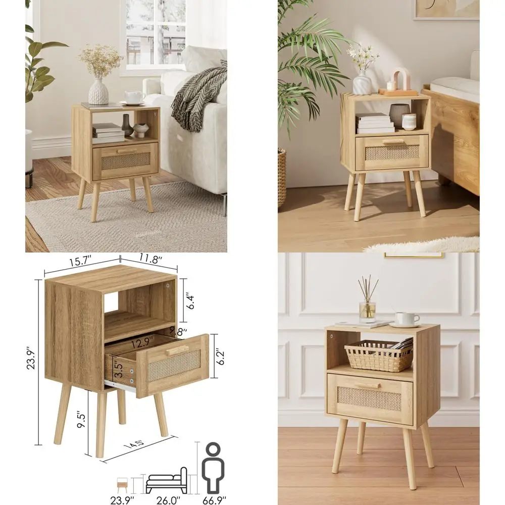 

Mid-Century Modern Oak Nightstand with Drawer and Open Shelf for Bedroom