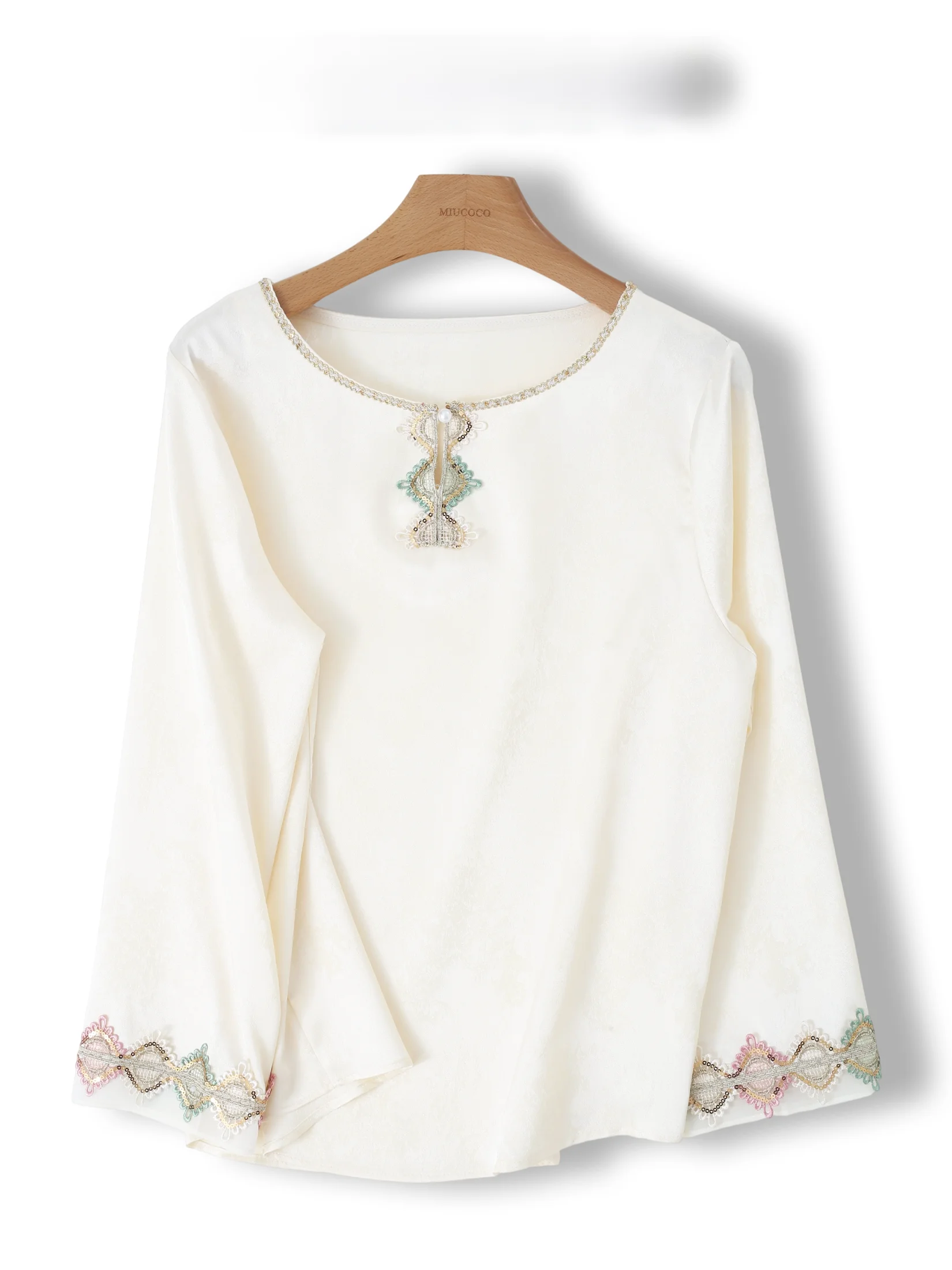 

New Chinese Style round Neck Long Sleeve Women's Shirt Base Layer Flower Patterned Top Trendy Traditional National Style Blouse