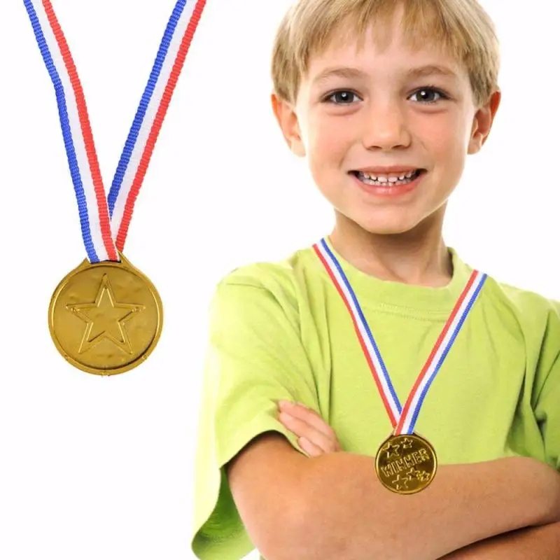 10pcs Kid Gold Medals Plastic Simulated Winner Award Medals With Ribbon Children Party Sport Game Prize Awards Photo Props