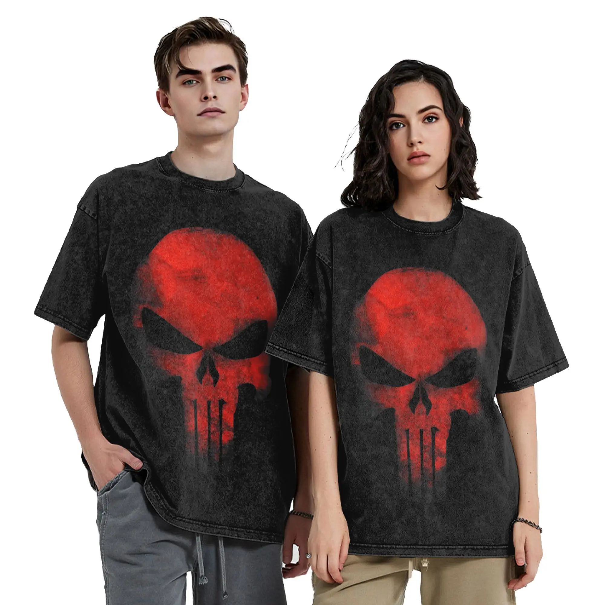 Heavy Metal Skeleton PPUNISHER Vintage Washed T Shirts Cotton Vintage T-Shirts Crew Neck Punisher Tee Shirt Short Sleeve Clothes