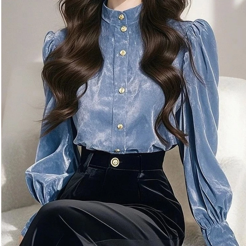 

Women Clothing Velvet Long Sleeve All-match Elegant Blouse Spring Autumn New Solid Plus Size Vintage Shirt Tops Fashion Korean