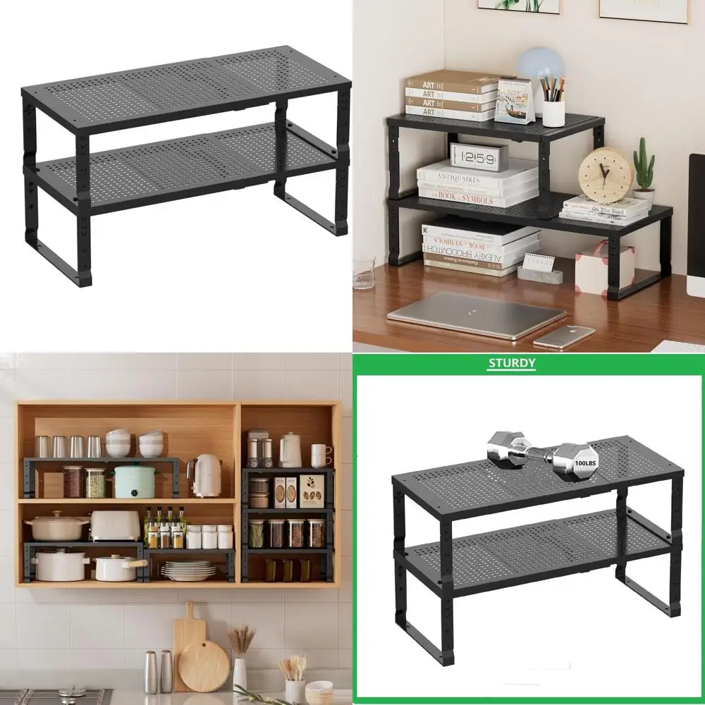 

Expandable Metal Storage Shelves - Versatile Home Organizer for Kitchen, Bathroom, Office, Garage, and More (Medium, Black)