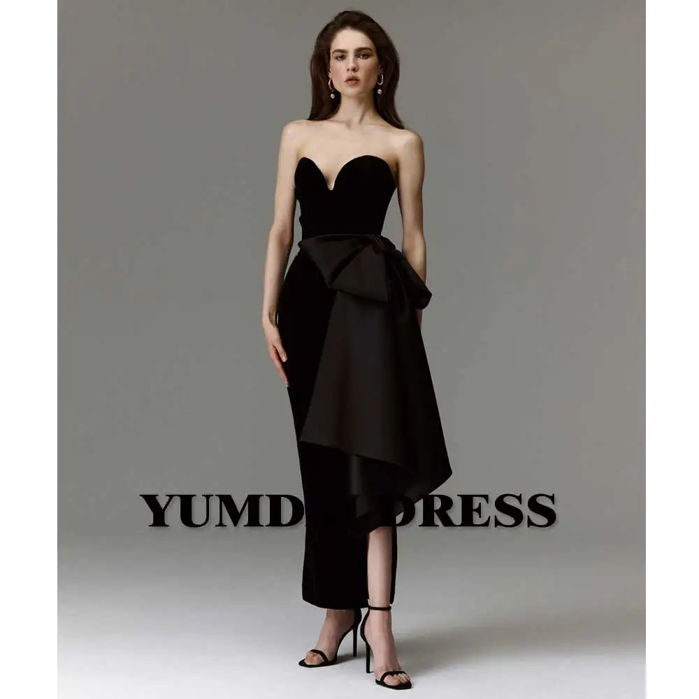 YUMDAI Black Crepe Irregular Evening Gown Elegant 2024 Strapless Bodycon Ball Gown Satin Bow Embellished Cocktail Dress