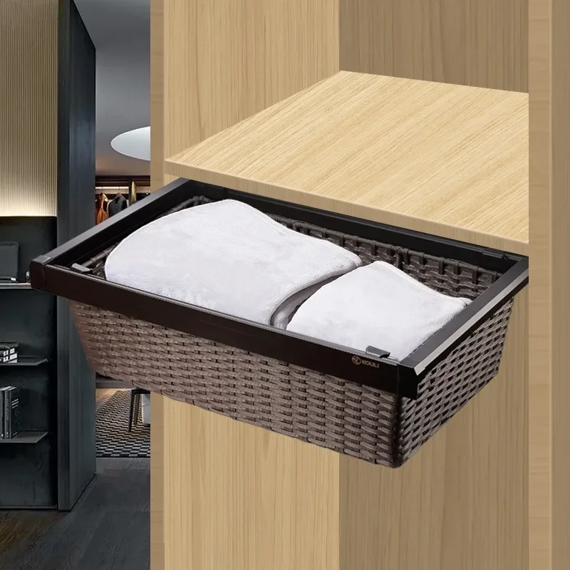 Wardrobe Drawer Damped Slide Rail Wardrobe Splice Storage Box Clothing Leather Mocha Push-pull Built-in Rattan Pull Basket