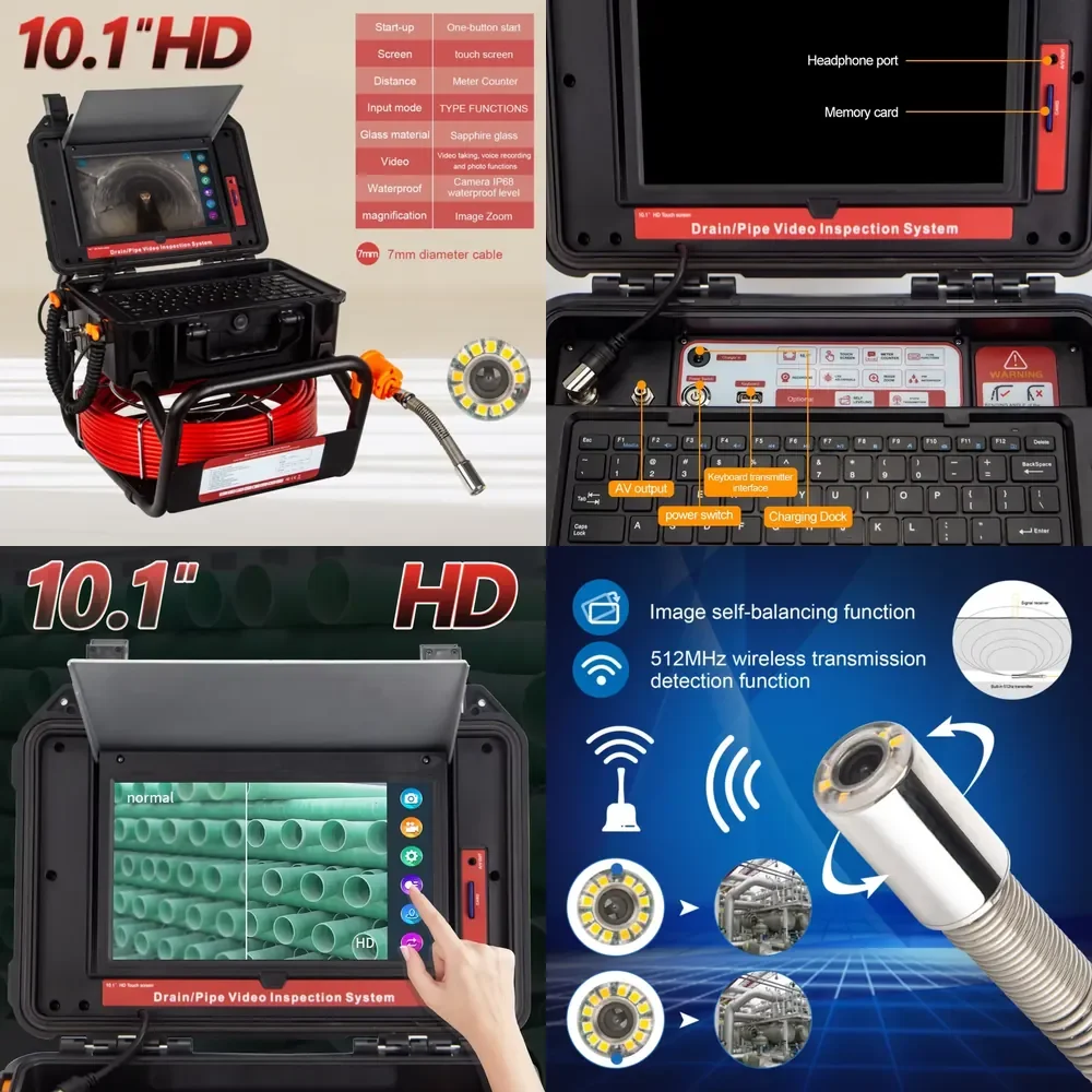 

512HZ Sonde Self-leveling Sewer CCTV Camera 10.1HD Touch Screen Meter Counter Sewer Pipe Inspection Camera Locator Camera