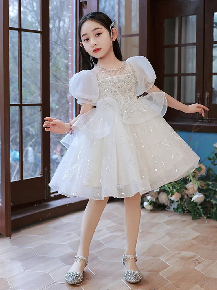 Flower Girl White Sequins Dress Children Birthday Baptism Dresses For Kids Elegant Frocks Girls Boutique Party Wear Vestidos