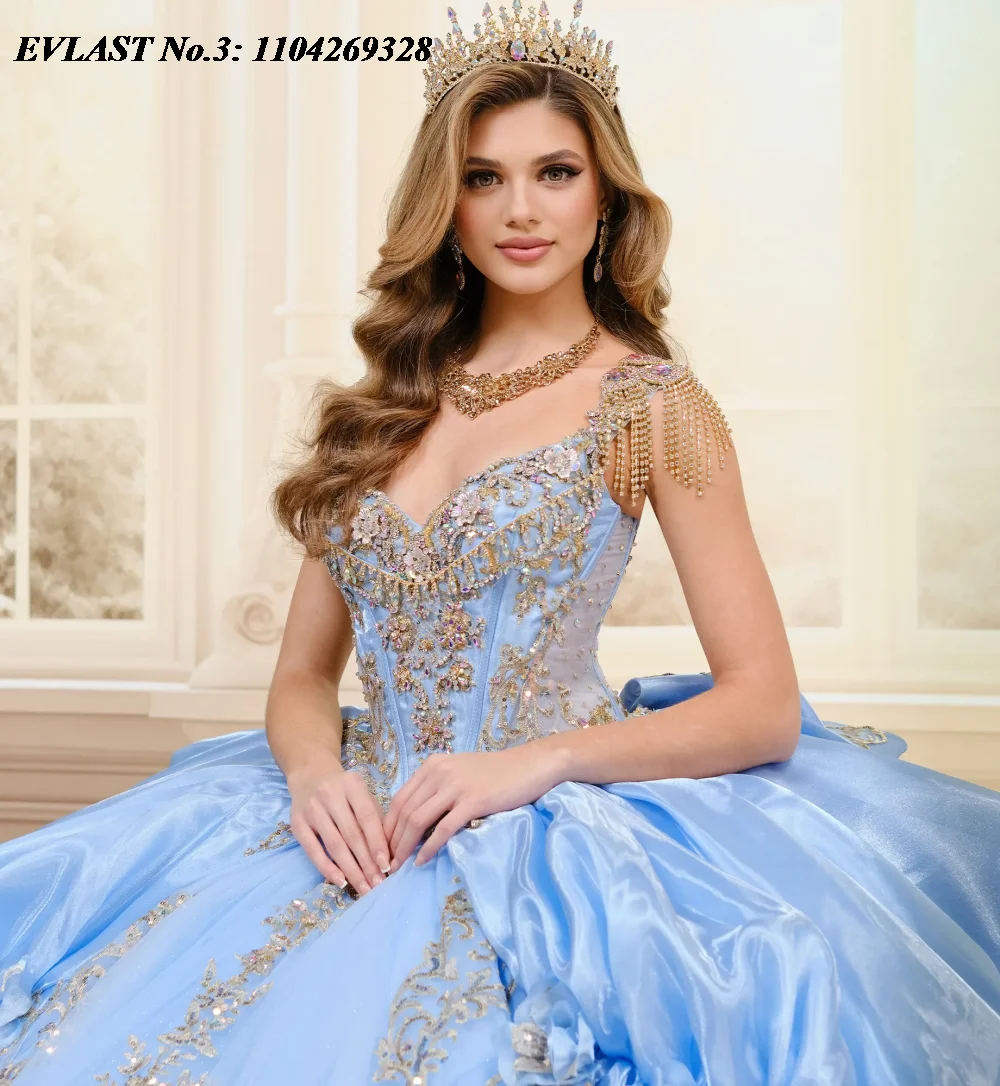 EVLAST Maßgeschneidertes glänzendes lila Lavendel-Quinceanera-Kleid, Ballkleid, goldene Spitze, Perlenapplikation, Sweet 16, Vestido De 15 Anos E3Q210