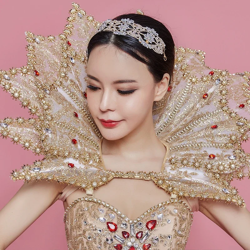 여성 고급 럭셔리 의상 금색 크리스탈 다이아몬드 바디수트 모던 댄스 쇼 의상 무대 캣워크 댄스웨어