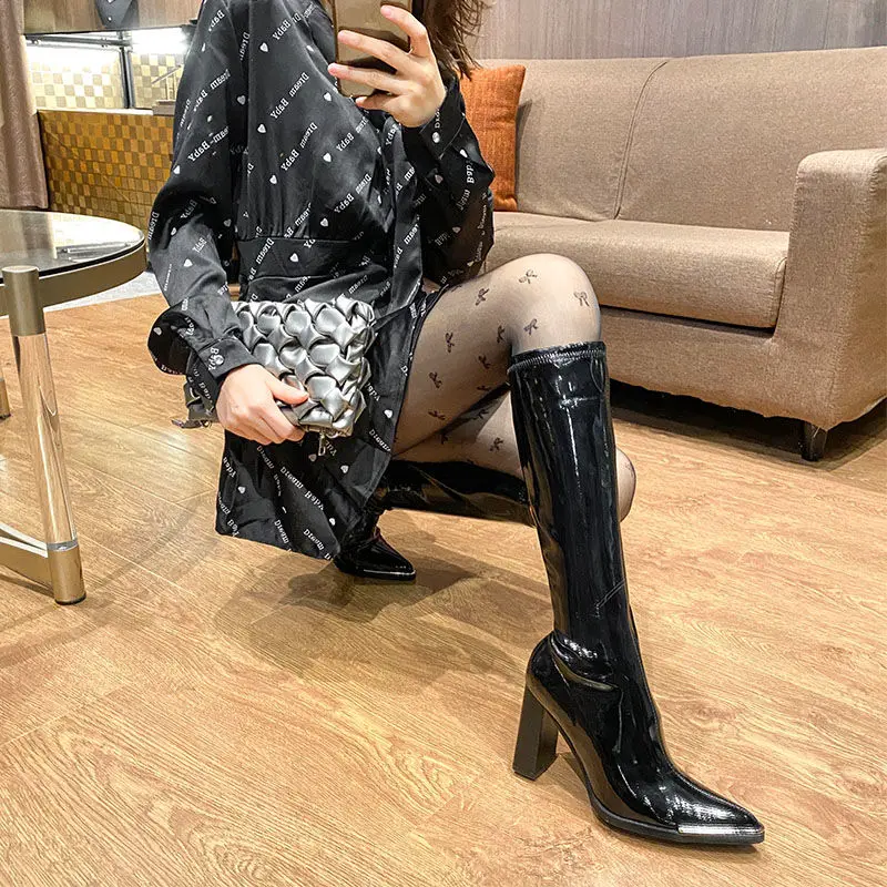 Women\'s Boots Long Footwear Winter Knee High Shaft Shoes for Woman Very Heel Square Toe Black 2024 Novelty Work Fashion New Rock