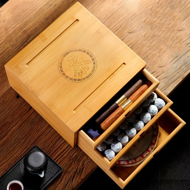 New Bamboo Box Tea Cake Storage Box Tea Organizer TeaCeremony Accessories TeaTray Drawer Organizer Storage Bin Bamboo Cabinet