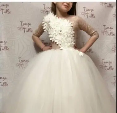 Verngo branco marfim 3d flores mangas compridas vestidos de meninas flor para o casamento fofo tule balll vestido pequeno vestido de noiva criança