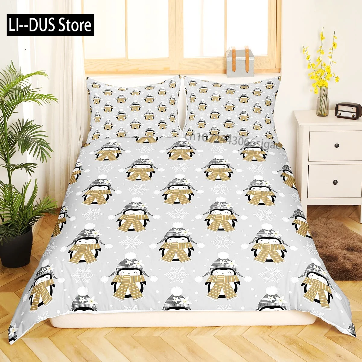

Animal Duvet Cover Set, Penguin Couple Romance Falkland Islands, Decorative 3 Piece Bedding Set with 2 Pillow Shams, Full Size