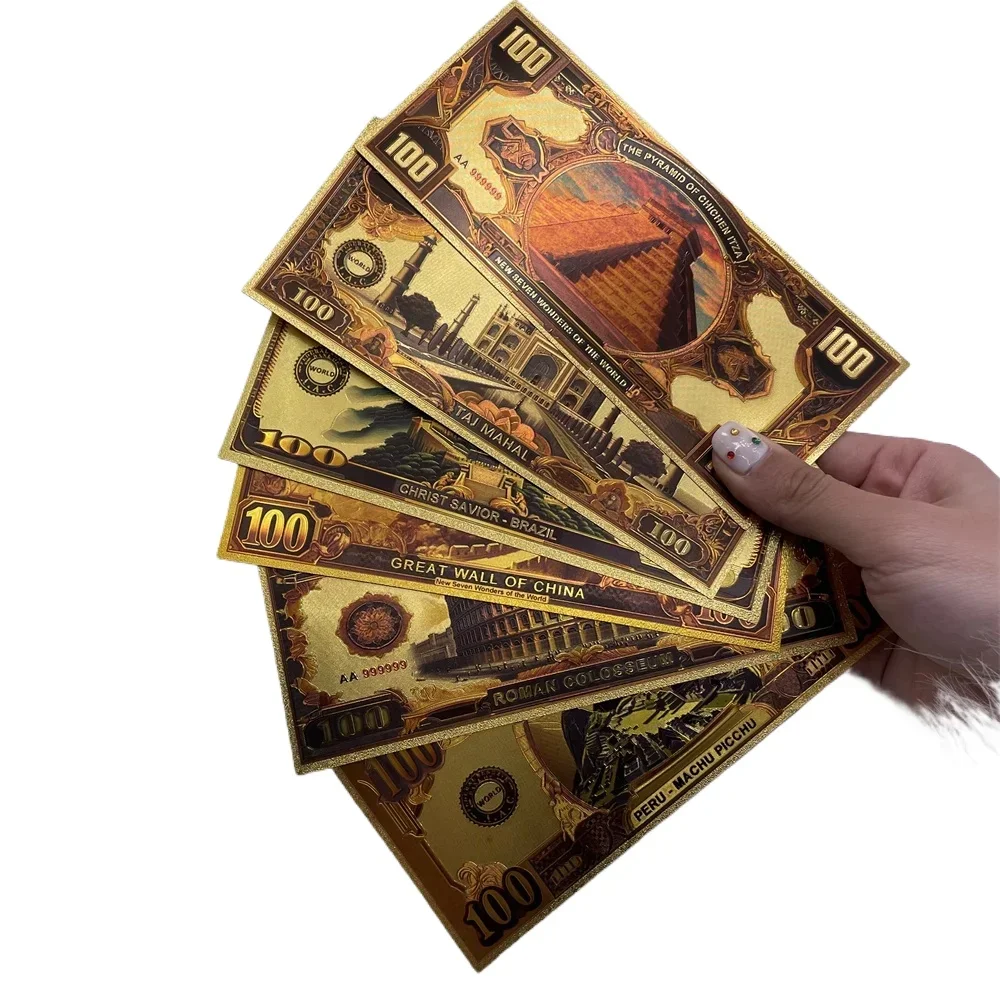 مجموعة الأوراق النقدية المصنوعة من رقائق الذهب سبعة عجائب لعام 2025 (تاج مهال والكولوسيوم والمزيد) - هدية 100 دولار