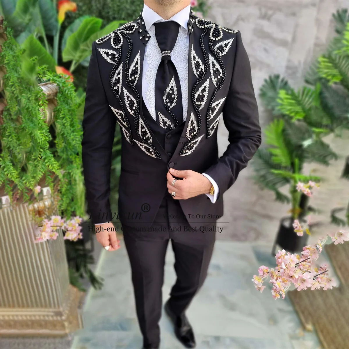 Elegance Beaded Rhinestones Tuxedos Men Suits 3 Pieces Wedding Groom Dinner Party Male Prom Blazers Customized vestidos de novia