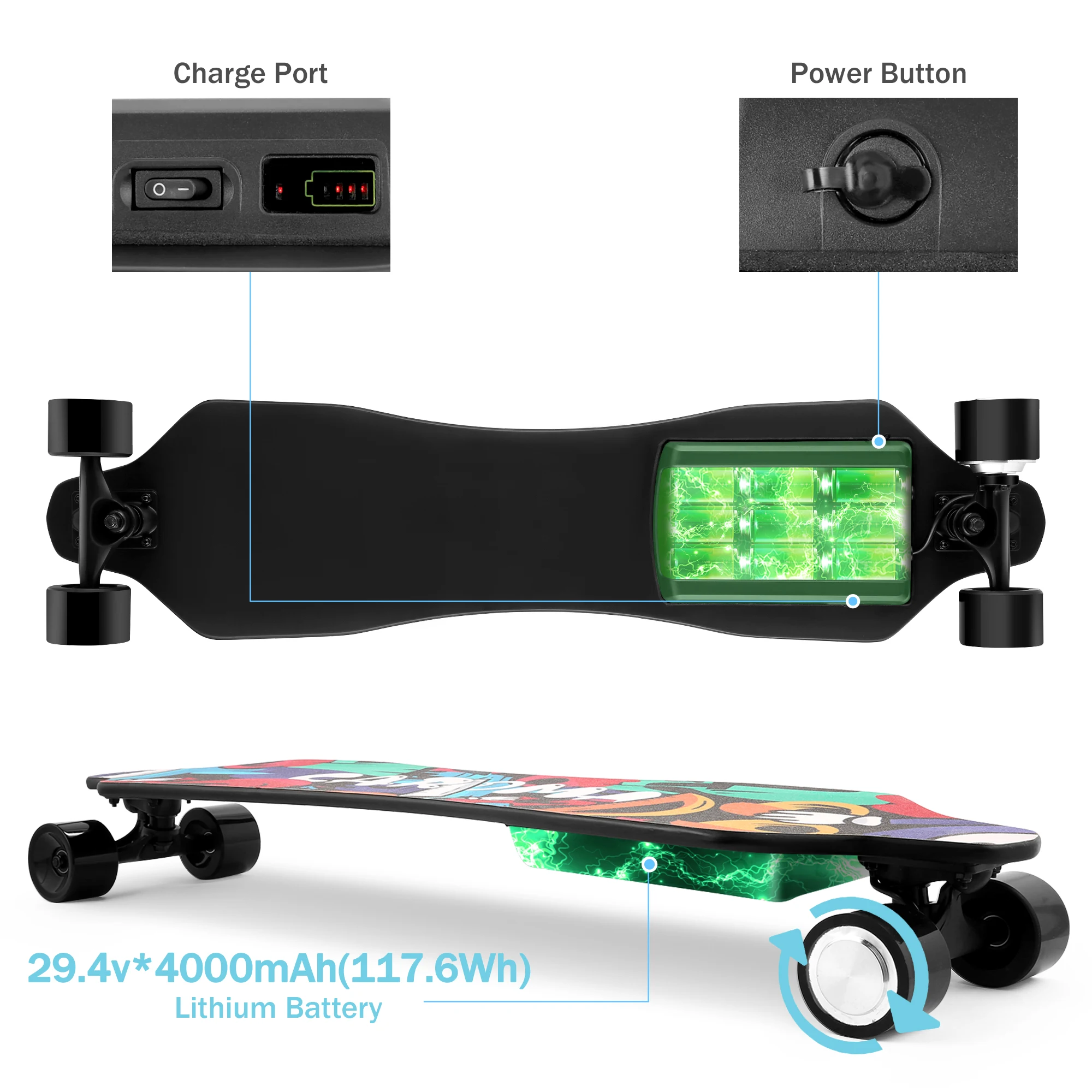 Skates elétricos com controle remoto, poderoso motor 350W, velocidade máxima 12.4MPH, bateria 4000mAh, alcance máximo de 13 milhas, skate E