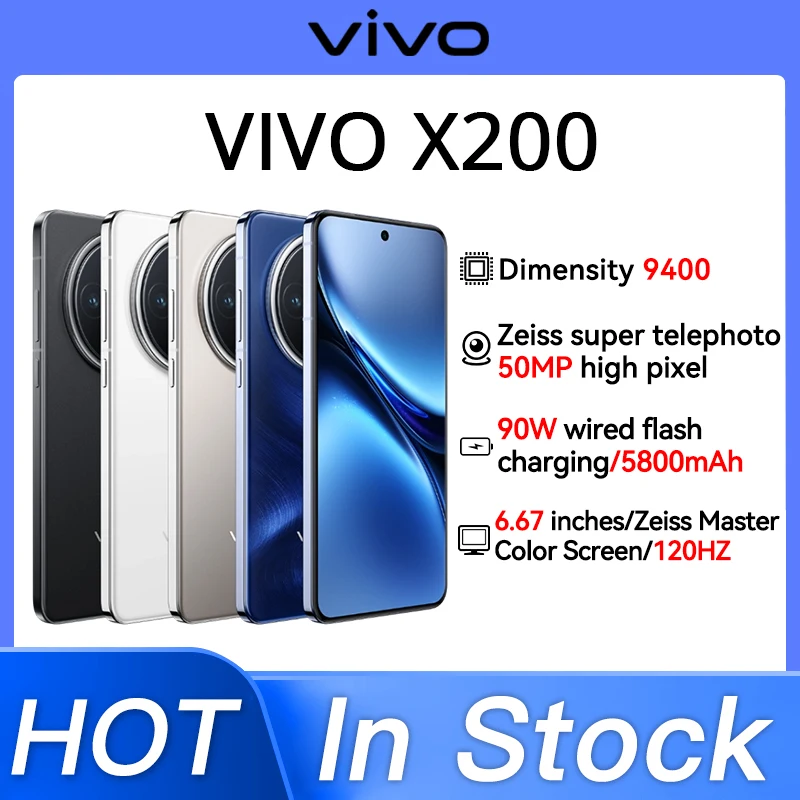 جديد وأصلي VIVO X200 Tenguiz 9400 6.67 "2800*1260 HDR AMOLED 120 هرتز 5800 مللي أمبير في الساعة Type-C 90 واط 32MP + 50MP * 3