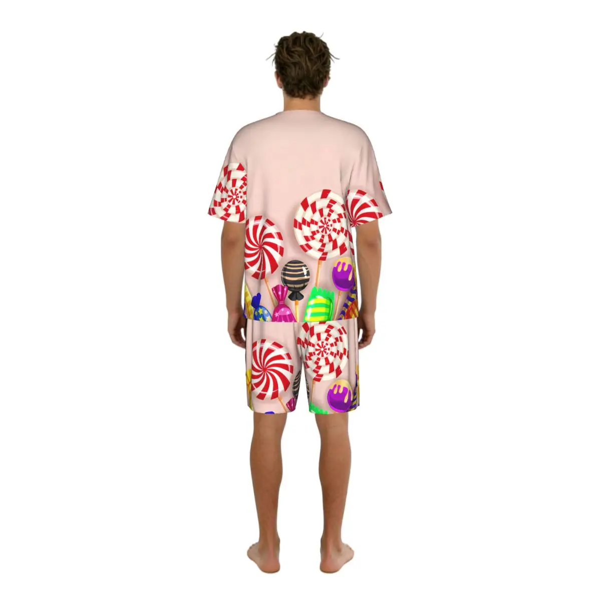 Men's Casual Pajama Set Short Sleeve T-shirt Shorts Sweets Colorful Lollipops Candies Home Clothes Sleep Suit