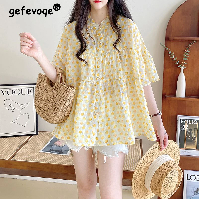 Clothes for Women Summer Fashion Polka Dot Print Buton Up Shirt Kawaii Sweet Oversized Blouse Casual Short Sleeve Vacation Tops