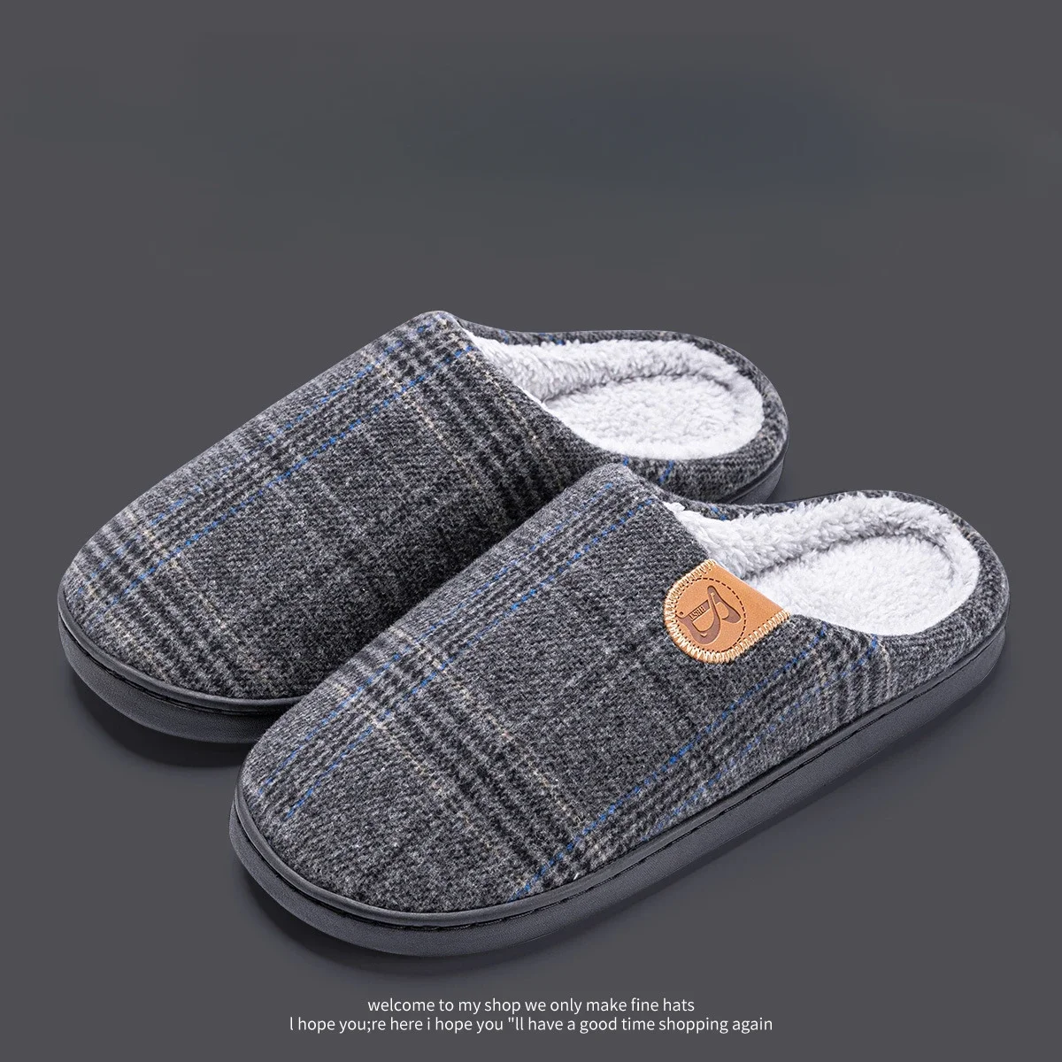 Home Slipper Male Men  Plus Large Size Thermal Winter Warm Fuzzy Fur Contton Plush Non Slip Plaid Indoor Lazy House Shoe Flat