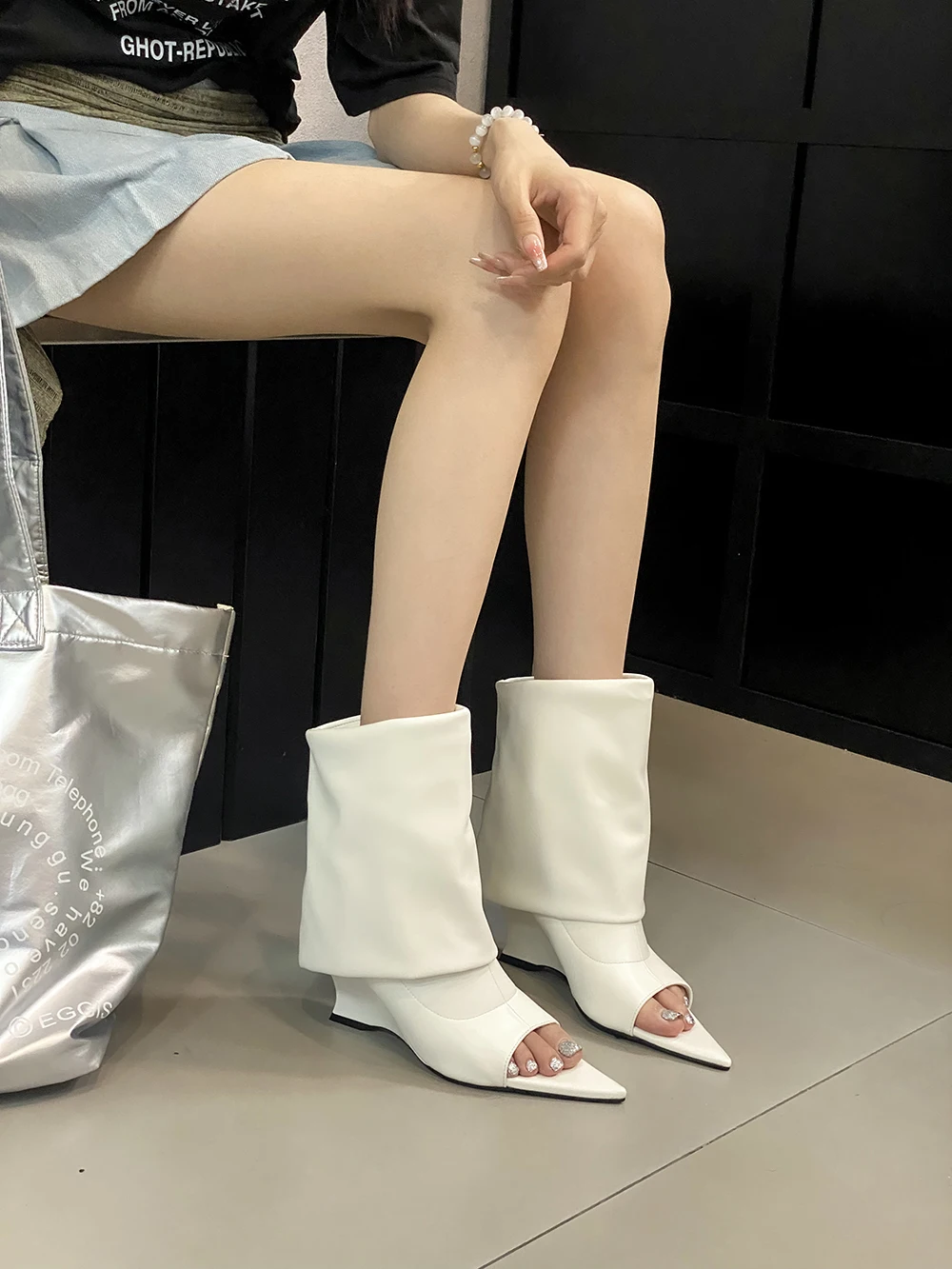 Open Tow Women Mid Calf Boots Black White Blue Winter Summer Wedge High Heels 2024 New Arrivals Fashion Party Pumps Sandals