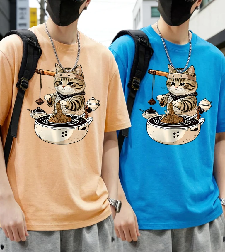 

Master Cat Is Making Lamian Noodles Prints Mens Cotton Casual Summer T-Shirts Suits Vintage Fashion Tops Street Simple Clothing