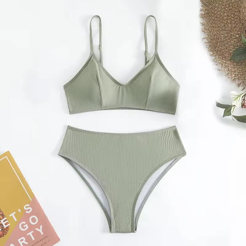 

High Waist Sling Bikini Light Green Simple Swimsuit Ribbed Vacation Swimwears Women Bathing Suit Beach Biquini Bikinis