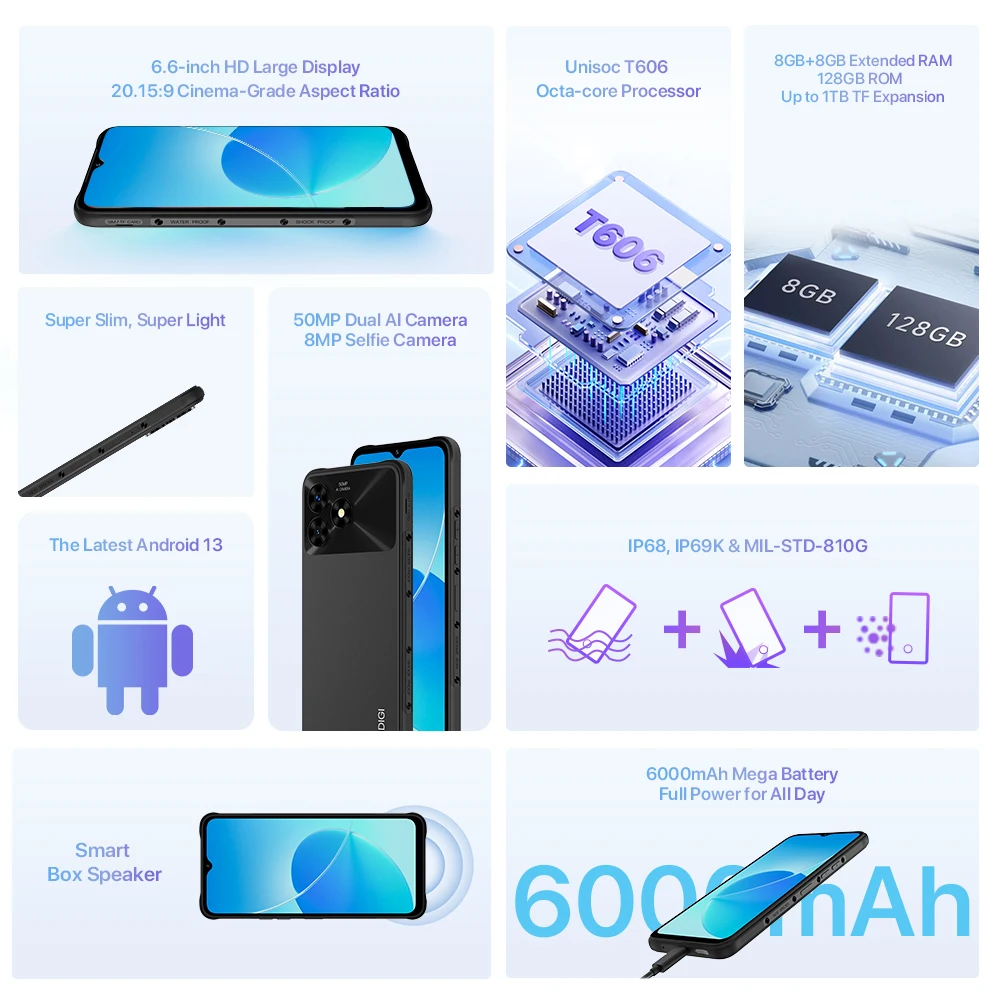 Imagem -02 - Mecha Android 13 Smartphone Tela Fhd 50mp 8gb Mais 128gb 6000mah Unisoc T606 4g Face id Impressão Digital Lateral 66 Umidigi-g5