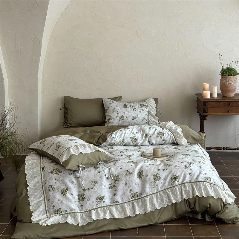 1000TC Egyptian Cotton French Vintage Lace Ruffles Rose Flowers Bedding Set Duvet Cover Flat/Fitted Bed Sheet Pillowcases 4Pcs