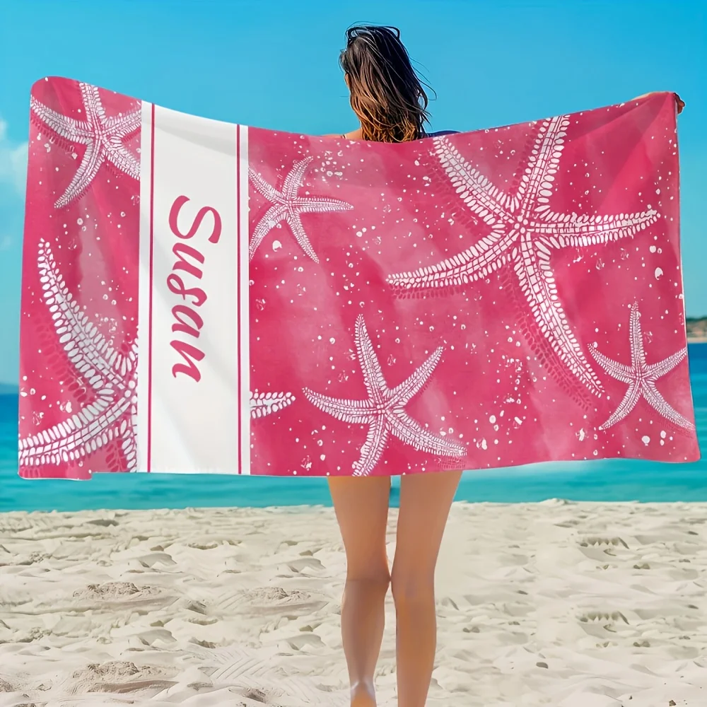1pc Tropical Starfish Personalized Beach Towel - Customizable Name, Machine Washable Rectangular Towel, Quick-Drying Fabric