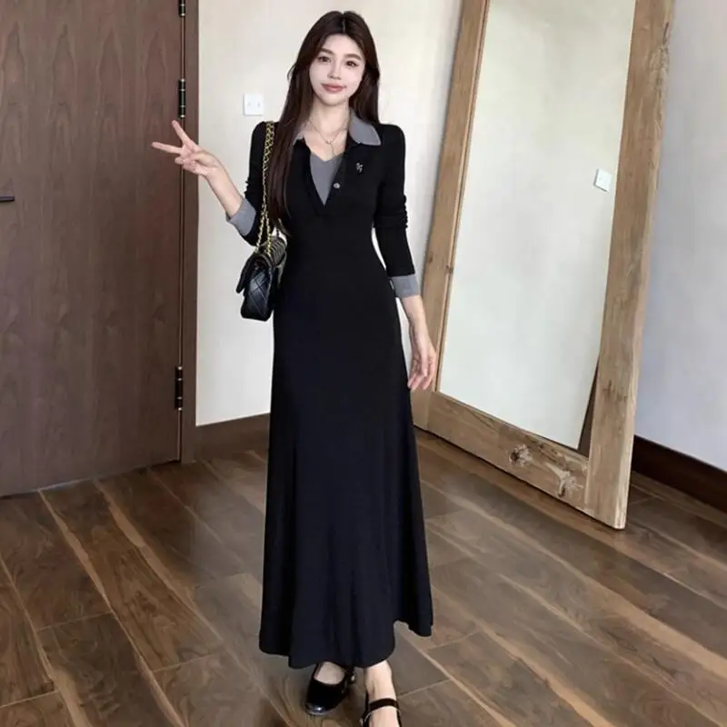 

2026Newfrenchstylecontrastingcolorlapel платье с длинными рукавами осень-зима со стильной талией, длинная юбка под нижней частью