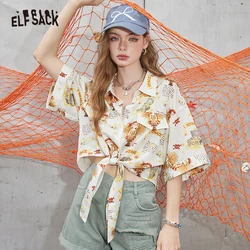 ELFSACK 2024 Summer New Arrivals Retro cartoon full printed short sleeved shirt with women's design sense, loose fit, sporty and