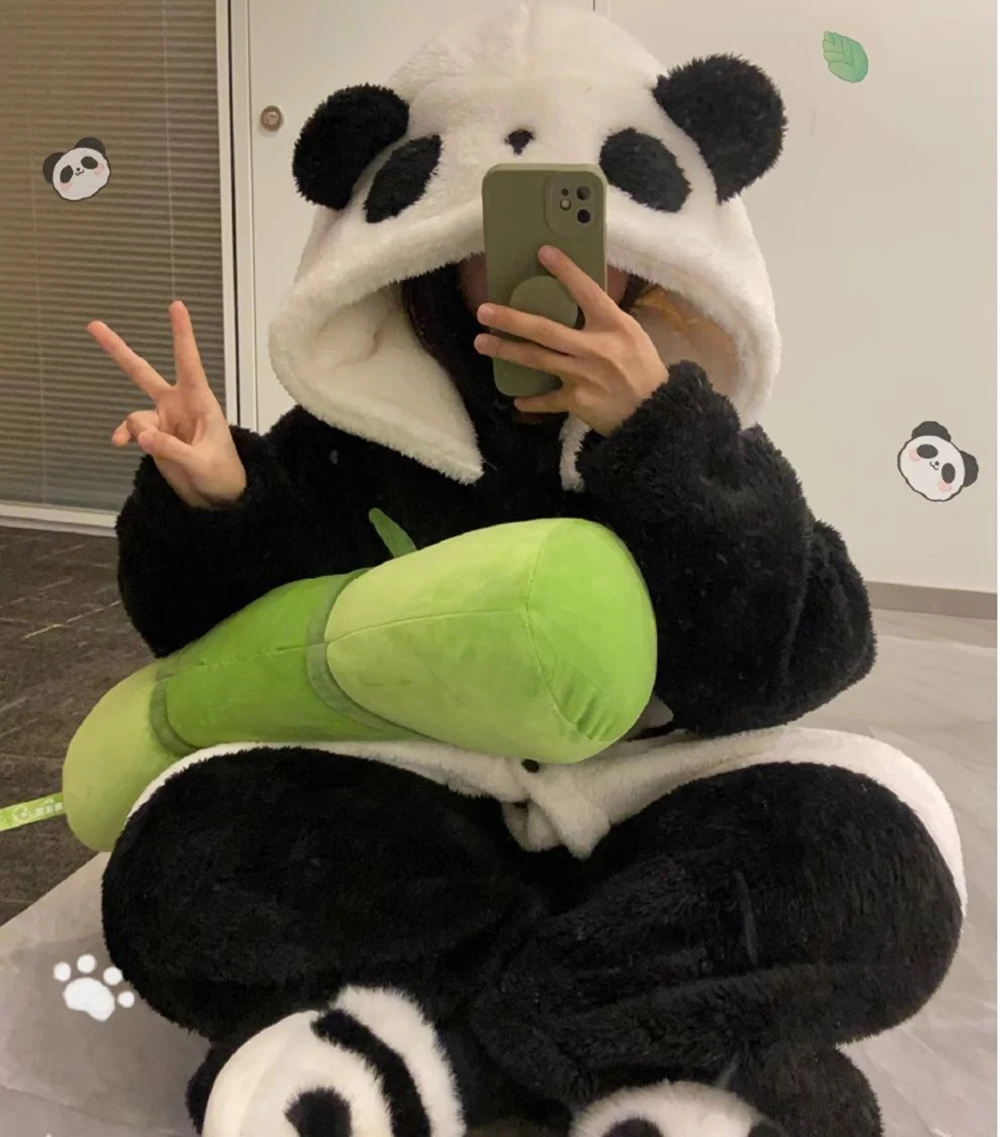 Panda Cosplay Pajamas Cartoon Hooded Nightgown Flannel Chunky Warm Soft Nightdress Sleepshirts Cute Women\'s Sleepwear Bathrobes