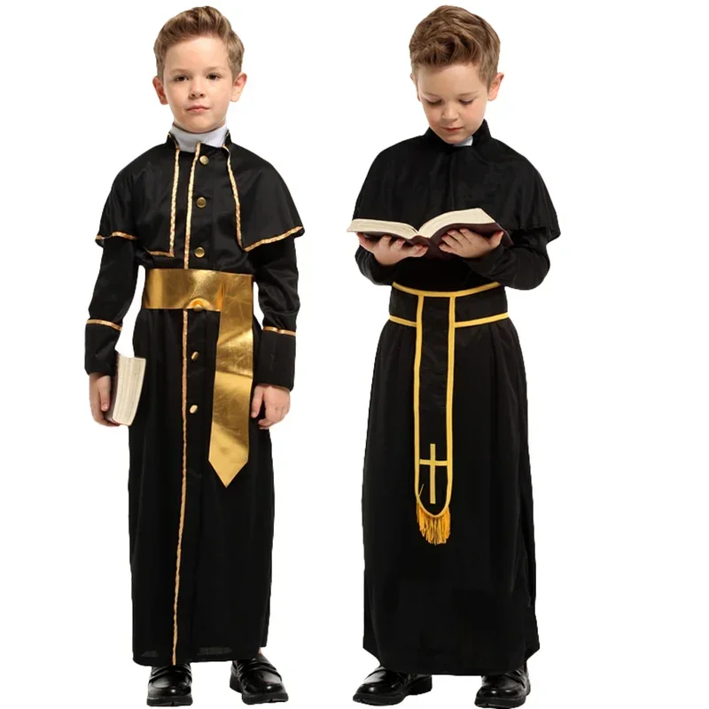 Halloween Children Medieval Missionary Robe Cosplay for Father Children Priest Nun Missionary Costume Sets Kids Dress