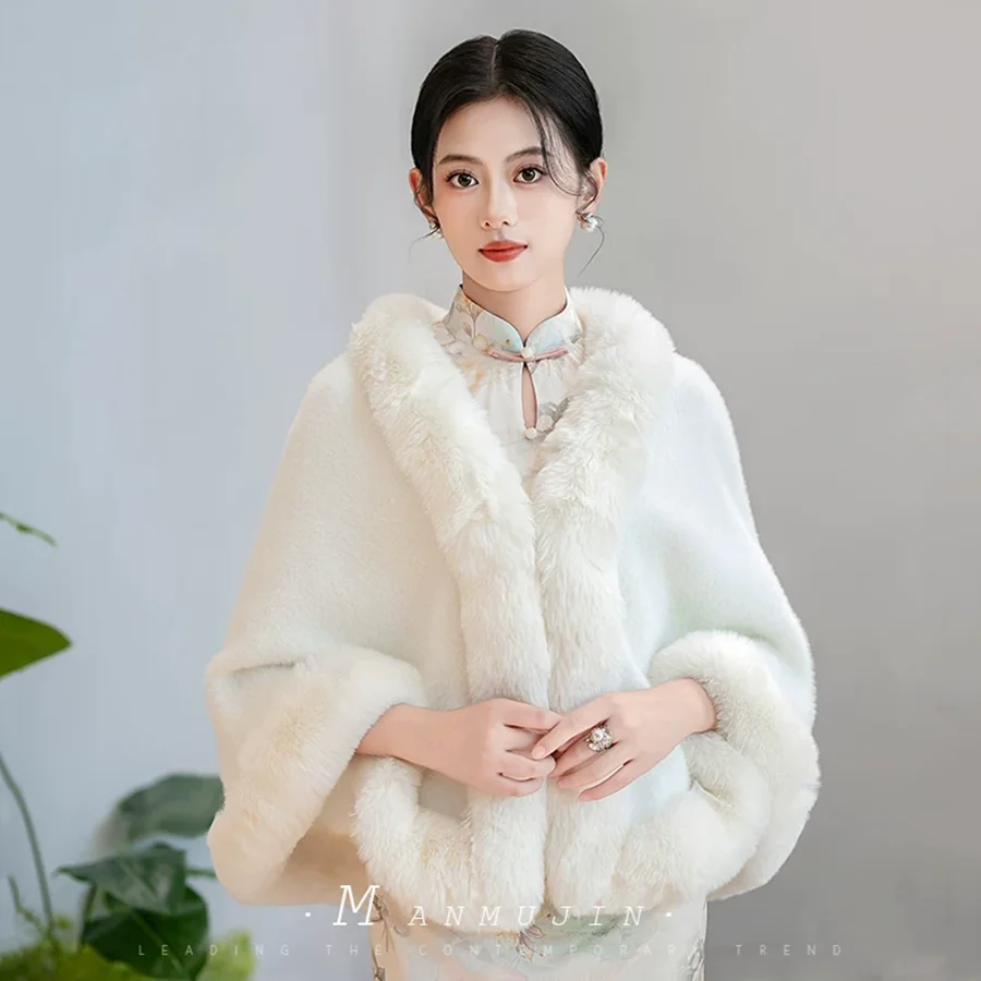 Upgrade Mink Wool Faux Rex Rabbit Fur Cape Elegant Party Cheongsam Wedding Dress Shawl Poncho Women Winter Spring Cloak Standard