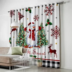 Merry Christmas White Snowman Christmas Tree Elk Curtains 2 Panels Deluxe Living Room Bedroom Balcony Kitchen Decor Curtains