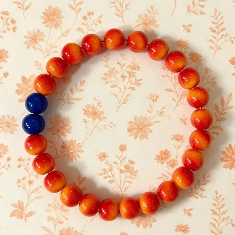 Warm Orange One-Strand Bracelet with Gradient Orange and Navy Blue Round Beads, Contrasting Color Jewelry