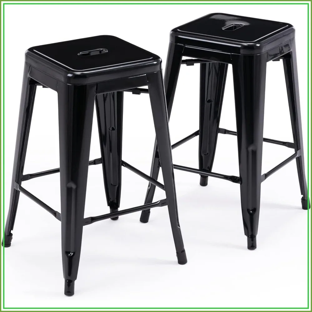 24 Inch Metal Bar Stools Set of 2, Stackable for Indoor Outdoor, Black