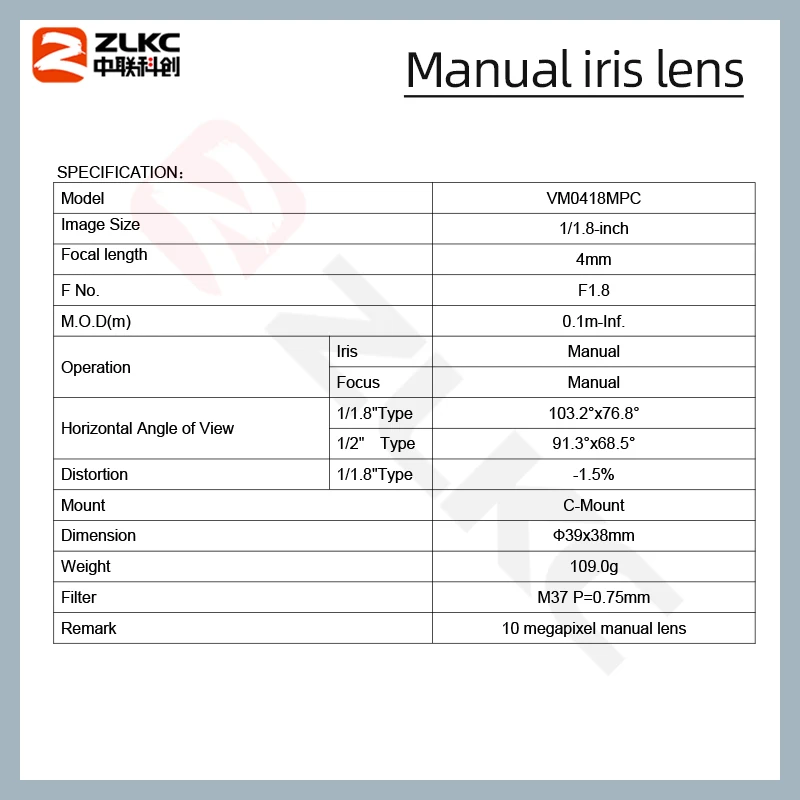ZLKC 4 مللي متر عدسة واسعة الزاوية 1/1.8 بوصة كاميرا 10MP تشويه منخفض C جبل عدسة دليل القزحية F1.8 FA لكاميرات رؤية الآلة