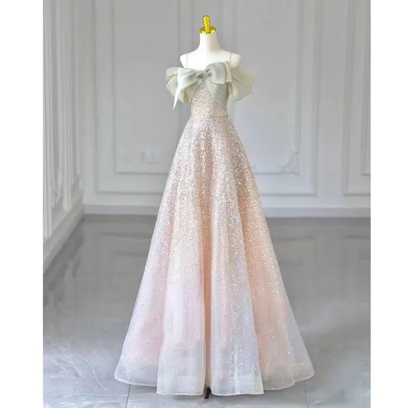 

Pink Sequin Banquet Dress New Long Minority Fashion Toast Clothing