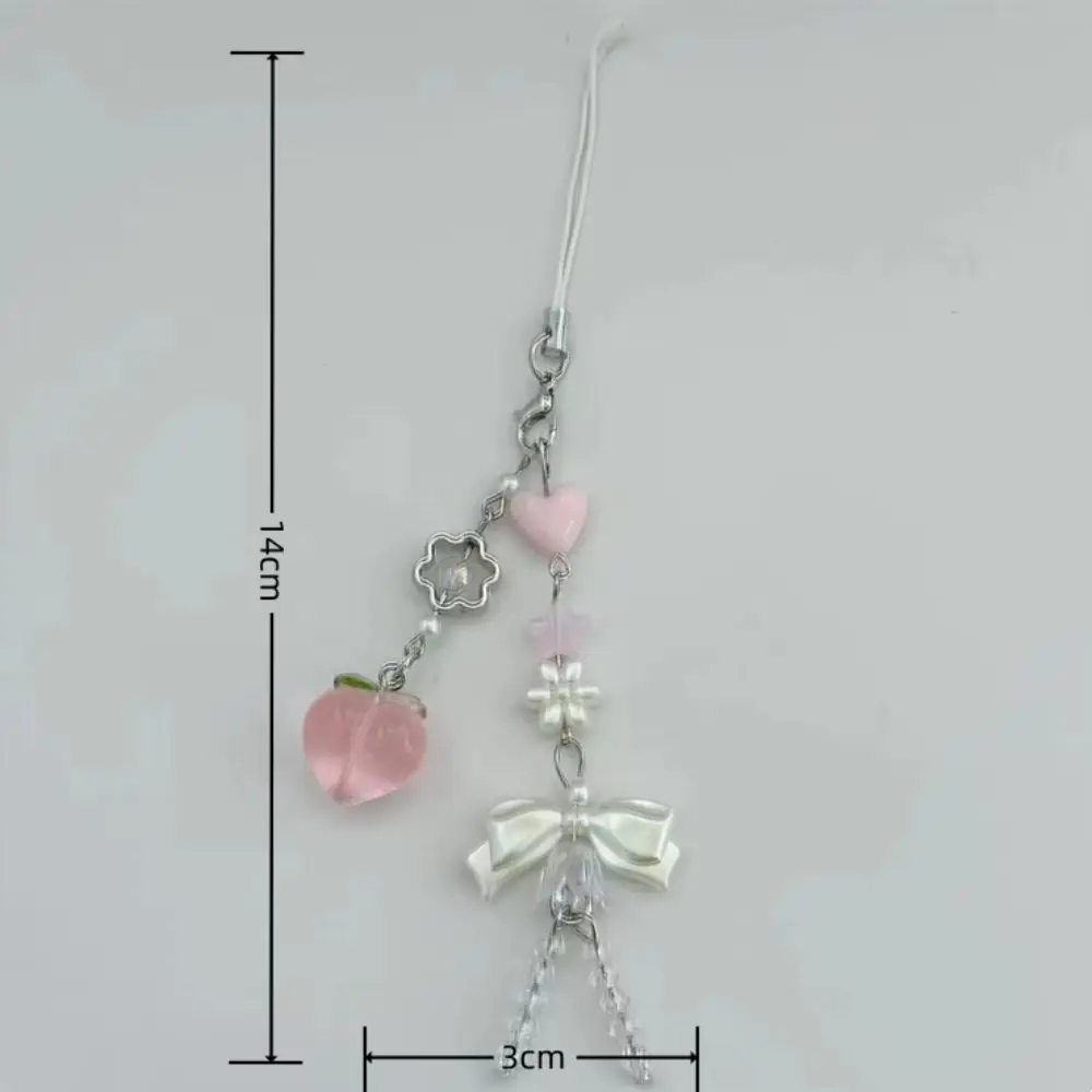 New Pink Phone Charms Pendant Y2K Peach Kawaii Car Key Ring Cute Bowknot Bead Gifts Sweet Girl Keychain